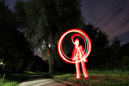 All you need to do this is a camera capable of long exposure and a coloured light source; in this case, a cheap LED light stick.