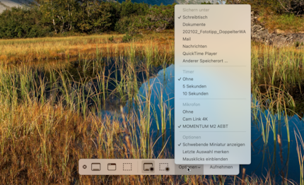Options menu for screen video recording.