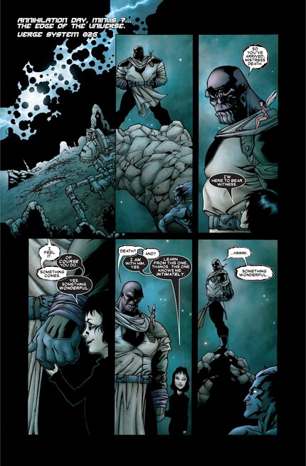 Thanos et la Mort (enfant) attendent Annihilus et sa Vague d’Annihilation.