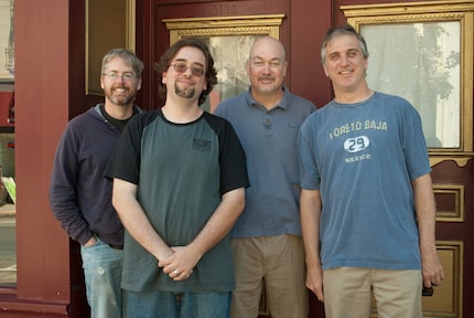 The former Condor team, featuring David L. Craddock, author of the Blizzard biography «Stay Awhile and Listen». From the left: David Brevik, David L. Craddock, Erich Schaefer, and Max Schaefer. Image: David L. Craddock