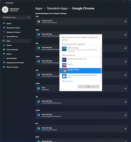 Où avant il n’y avait qu’une seule option pour changer le navigateur par défaut se trouvent maintenant de nombreux types de fichiers et de liens qui doivent tous être changés individuellement.