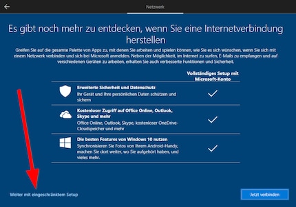 Vous devez cliquer sur « Continuer avec la configuration limitée » pour poursuivre avec un compte hors ligne.