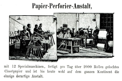 En 1891, l’usine sidérurgique Gaggenau possédait la seule « installation de perforation de papier » du continent européen. En réalité, il s’agissait d’un papier spécial qui n’obstrue pas les tuyaux de la nouvelle chasse d’eau, alors déjà produite en Grande-Bretagne depuis un certain temps à cette époque.