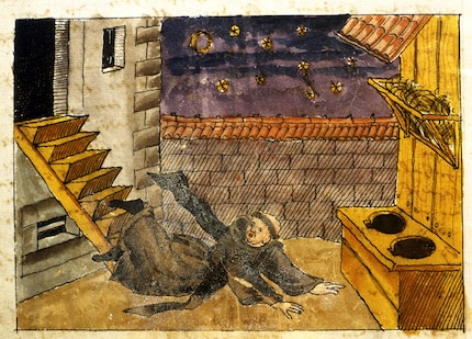 Illustration de Baschi Hegner, un ancien moine du monastère de Rüti, faisant une chute mortelle sur une latrine de Rapperswil avant d’avoir pu s’essuyer les fesses avec la paille mise à disposition. « Les toilettes isolées, accessibles par des escaliers sombres, étaient des lieux propices aux accidents », comme l’écrit l’historien Martin Illi dans son très intéressant ouvrage « Von der Schîssgruob zur modernen Stadtenwässerung » : une planche mal fixée ou pourrie pouvait être à l’origine d’un terrible accident.» Image : Zentralbibliothek Zürich