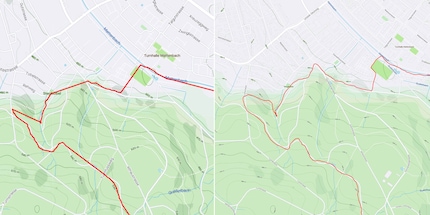 À gauche, l'enregistrement Strava avec les paramètres par défaut et à droite en mode « improved accuracy ».