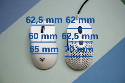 Dimensions des souris vue du dessus, Origin One X à gauche et Makalu 67 à droite.