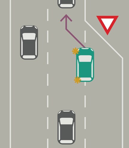En vert la voiture de la personne au grand cœur, en jaune les chakras clignotants. En noir l'hérétique écarté.