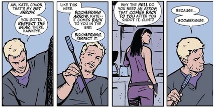 Die zynisch-neckischen Unterhaltungen zwischen Clint und Kate hat Matt Fraction perfekt geschrieben.