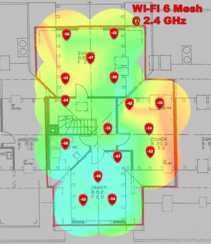Niveau de signal 2,4 GHz au deuxième étage (GIF animé changeant d'image toutes les quatre secondes).