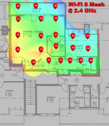 Niveau de signal 2,4 GHz au premier étage (GIF animé changeant d'image toutes les quatre secondes).