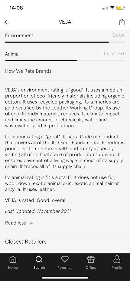 ... l'application entre également dans les détails. Y compris l'indication de la date de la dernière mise à jour de l'évaluation. Photos : captures d'écran Good on you