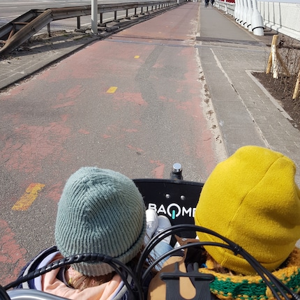 Mes enfants ont apprécié de parcourir Rotterdam en vélo cargo, avec au moins leur bonnet sur la tête.