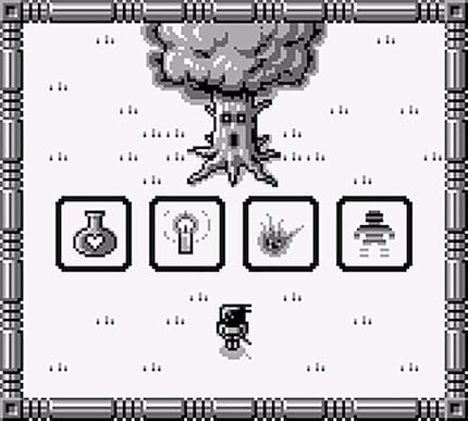 J'ai eu de la chance, le dieu de la forêt est généreux. Cette fois, avant d'entrer dans le donjon, il m'offre une potion de guérison, une lumière dans le noir (contre le « Fog of War »), un sort de feu et un sort d'invisibilité.
