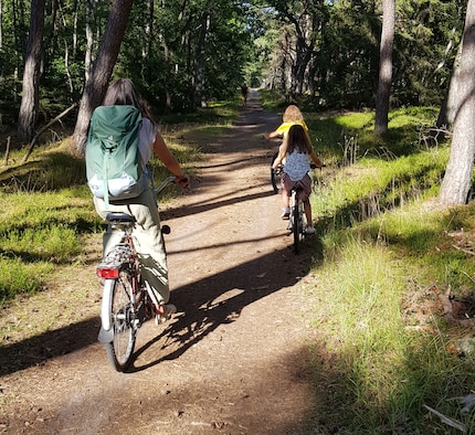 Tour à vélo en famille. Le sol de la forêt est si mou qu’il n’est pas nécessaire de porter un casque.