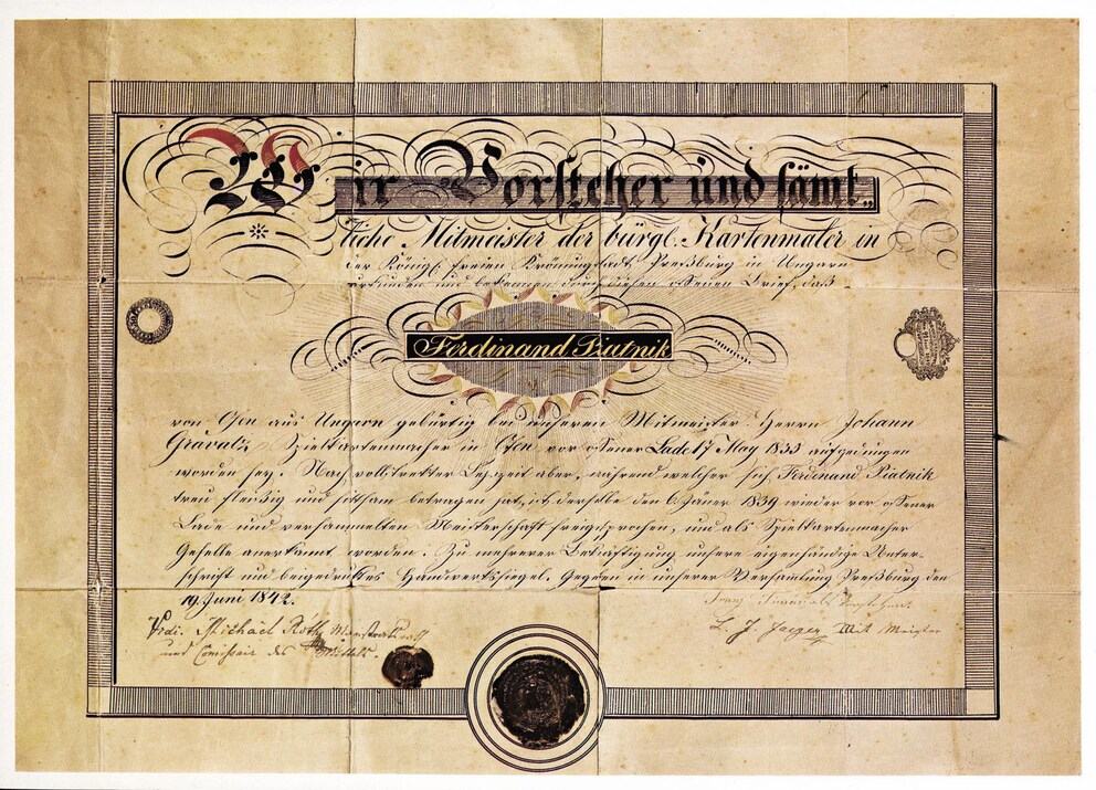 Ferdinand Piatnik’s certificate of apprenticeship. Image: Piatnik