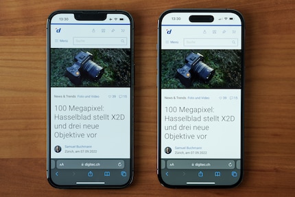 L'écran de l'iPhone 14 Pro (à droite) présente un contraste sensiblement meilleur que l'écran du modèle précédent (à gauche) en luminosité de pointe.