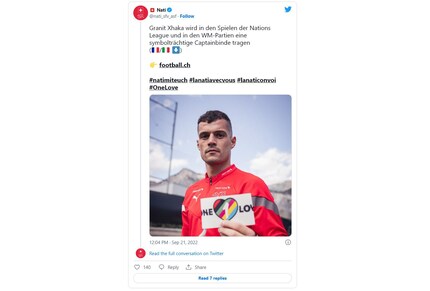 A different picture of the World Cup in Qatar: the armband that will be worn by Granit Xhaka along with the captains of England, the Netherlands, Belgium, Wales, France, Denmark and Germany. Norway and Sweden are also participating, but didn’t qualify.