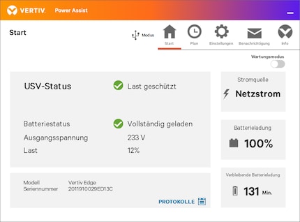 La page d’aperçu du programme montre non seulement que tout fonctionne bien, mais aussi la charge actuelle et le temps restant ainsi estimé de la charge de la batterie.