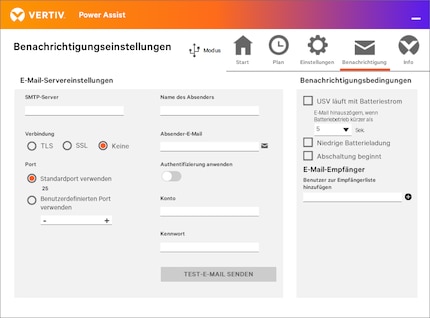 Une notification peut aussi être réglée directement sur l’ASI avec une carte supplémentaire. Néanmoins, il est pratique que le Vertiv Power Assist offre également cette possibilité.
