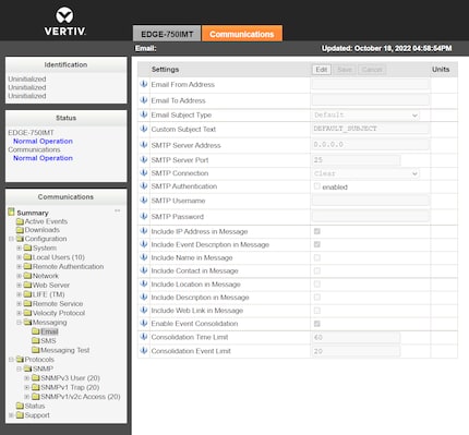 Interface web : paramètres de la carte supplémentaire SNMP