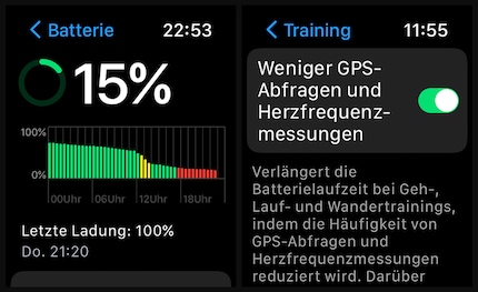 Au bout de plus de 48 heures, il me reste encore 15 % de charge. Avec le mode d’économie de la batterie étendu, on peut encore prolonger l’autonomie de la montre.