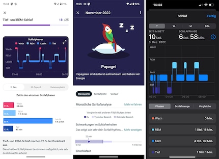 En matière de suivi du sommeil, Fitbit n’a rien à envier à la concurrence. Les deux images à gauche sont celles du Pixel 7. Celle de droite provient de l’iPhone.