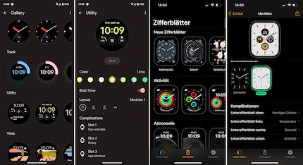 Les deux montres proposent un généreux assortiment d’écrans d’accueil. Les images de gauche proviennent du Pixel et celles de droite de l’iPhone.
