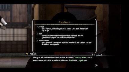 Le lexique historique fournit des informations sur les termes et les localités japonaises en appuyant sur un bouton pendant les conversations et les cinématiques.