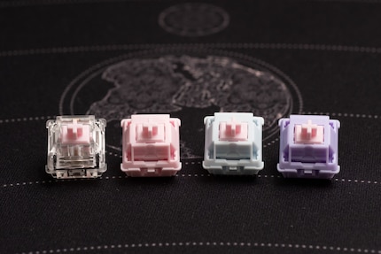The four most common switch housing materials (from left to right): polycarbonate, nylon, POM and UHMWPE.