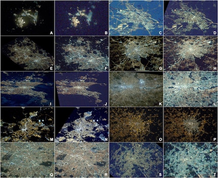 Ces photos prises depuis l’ISS montrent l’évolution des spectres lumineux de l’éclairage nocturne dans différentes villes d’Europe. Gibraltar/Algésiras en (A) 2012 et (B) 2020, Amsterdam en (C) 2012 et (D) 2016, Birmingham en (E) 2013 et (F) 2020, Bruxelles en (G) 2013 et (H) 2019, Dublin en (I) 2012 et (J) 2014, Londres en (K) 2012 et (L) 2020, Madrid en (M) 2012 et (N) 2017, Milan en (O) 2012 et (P) 2015, Paris en (Q) 2012 et (R) 2020 et Rome en (S) 2012 et (T) 2020.