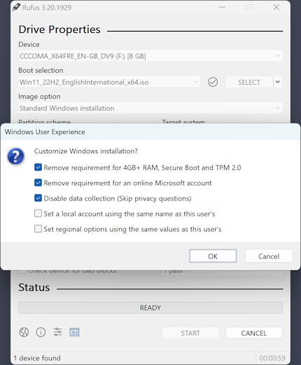 Rufus vous permet de contourner le mécanisme de la configuration minimale de Microsoft.