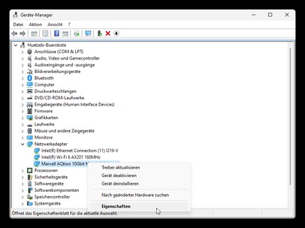 Via the device manager, I get to the settings (Properties) for the network card.
