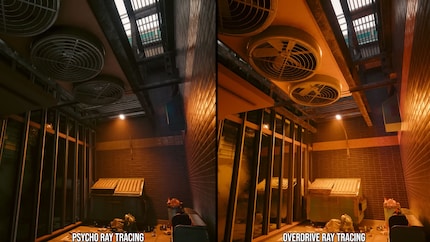 Rasterization (gauche) vs. Path Tracing (droite).
