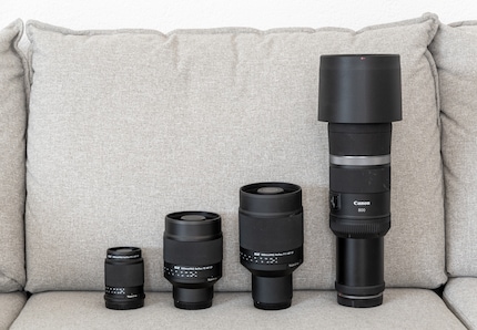 From left to right, Tokina mirror lenses at 300, 600 and 900 millimetres, and the Canon RF 800 mm F11.