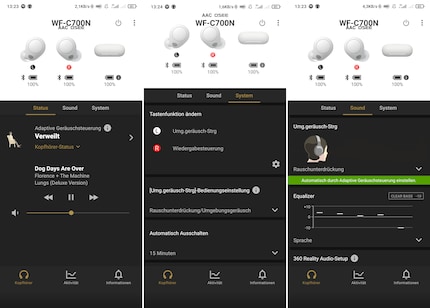 Les trois vues principales de l'application Sony Headphones.