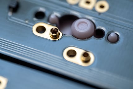 The switch, seen here from below, fixes on a Mill-Max connector, which hasn’t yet been soldered on.