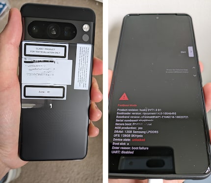 Le prétendu Google Pixel 8 Pro avec des autocollants à l'arrière. A l'avant, malgré la coque de protection, on peut voir les bords non arrondis de l'écran.