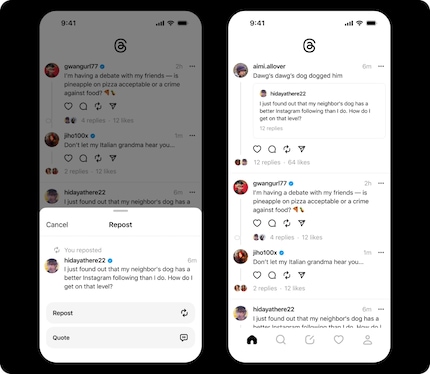 Comme sur Twitter, les utilisateurs peuvent reposter les articles de fils de discussion de tiers.