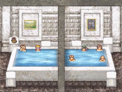 Dans le château, vous récupérez des combats en prenant un bain. Celui-ci, comme le château, évolue au fil du temps. Au début, vous vous baignez dans des tonneaux. 