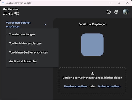 Quatre options de visibilité sont disponibles pour Nearby Share.