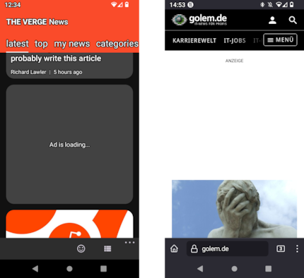 Plus de publicité. Ni dans l'application de The Verge à gauche, ni sur le site de golem.de à droite.