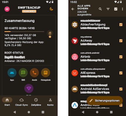 SwiftBackup me crée des sauvegardes locales ou dans le nuage d'applications (y compris les applications système) et plus encore.