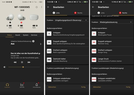 Tout à gauche de l’image, la page d’accueil de l’application, les deux autres images montrent les options de commande pour les écouteurs.