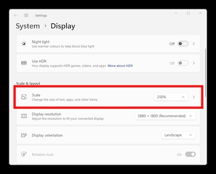 Scaling affects the size of the entire display.