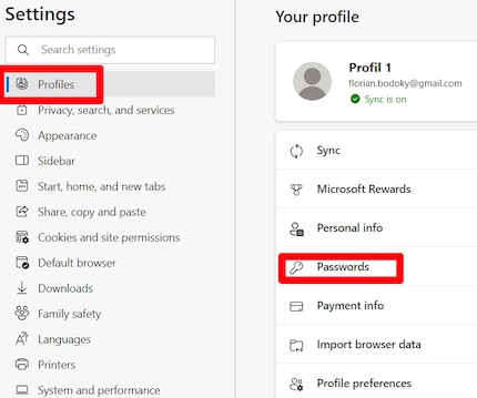 Edge stores passwords in the profile menu.