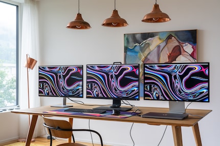 Trois écrans 27’’ aux résolutions différentes : à gauche, un Dell S2721DS de 1440p, au milieu un BenQ SW271 4K et à droite l’Apple Studio Display 5K.