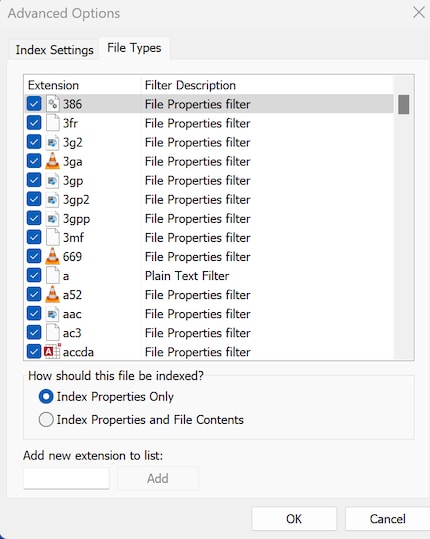 In the indexing options, content on your computer is catalogued according to specific properties.
