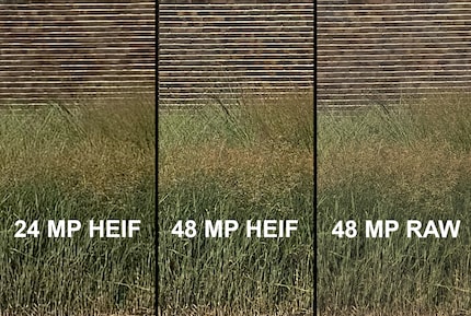 Vous pouvez désormais également enregistrer les 48 mégapixels complets au format HEIF. Le résultat est meilleur qu’avec 24 mégapixels, mais pas aussi bon qu’au vrai format Raw. Les fichiers HEIF en pleine résolution ne nécessitent qu’un dixième de l’espace mémoire.