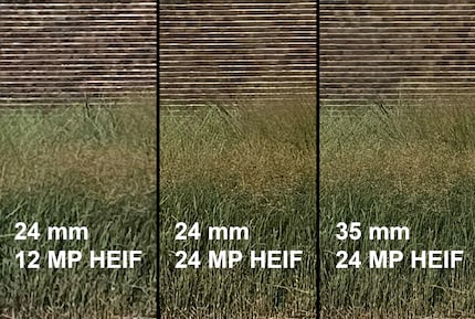 Sur l’image très fortement agrandie, on peut voir que les nouvelles photos de 24 mégapixels (au centre) sont plus détaillées que celles de 12 mégapixels de l’iPhone 14 Pro (à gauche). À droite, le même cadrage avec le nouveau zoom 35 mm. Il est meilleur qu’un simple zoom numérique.