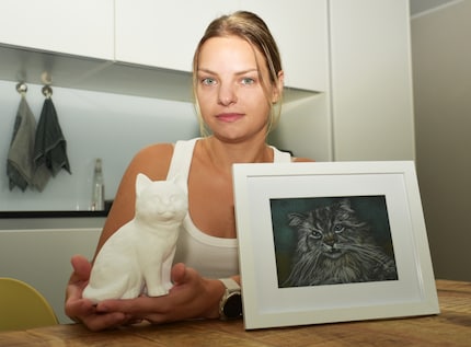 Les pièces commémoratives en souvenir de Loki : son urne pour chat et un dessin de Loki réalisé par la mère de Veronica. 